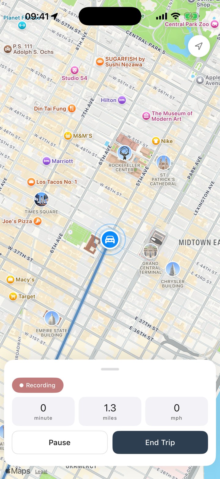 Mile Tracker recording a trip live on a map: distance, time and speed with Pause and End Trip buttons