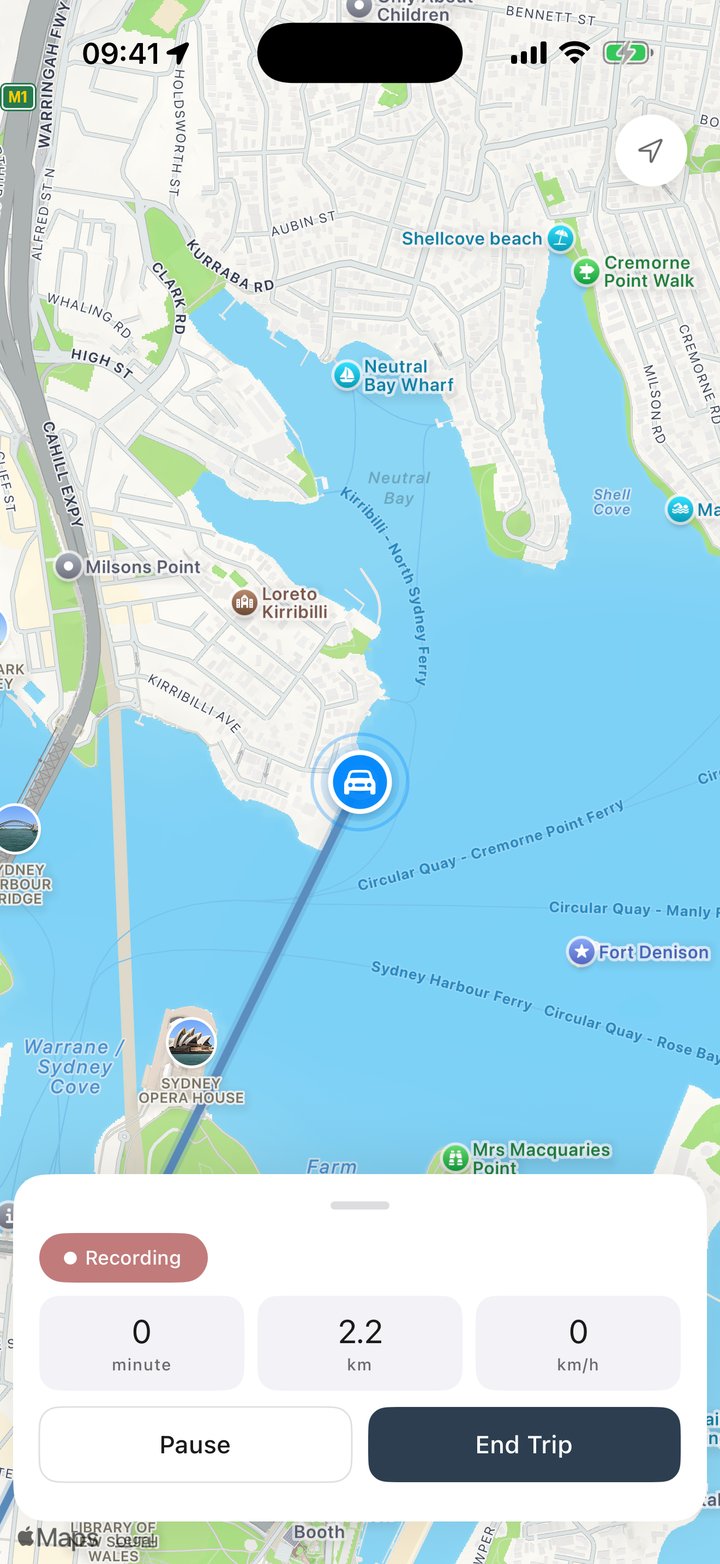 Mile Tracker recording a trip live on a map: distance, time and speed with Pause and End Trip buttons