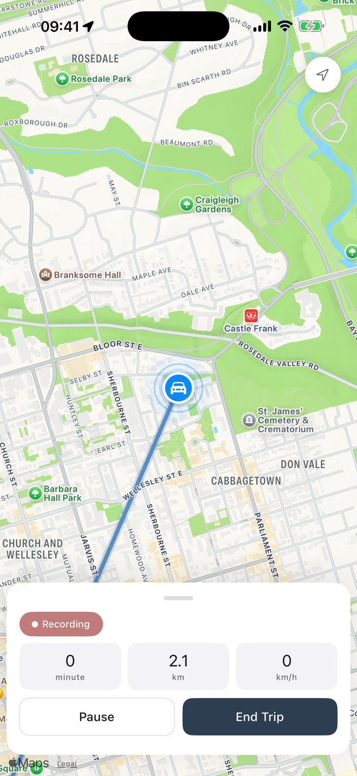 Mile Tracker recording a trip live on a map: distance, time and speed with Pause and End Trip buttons
