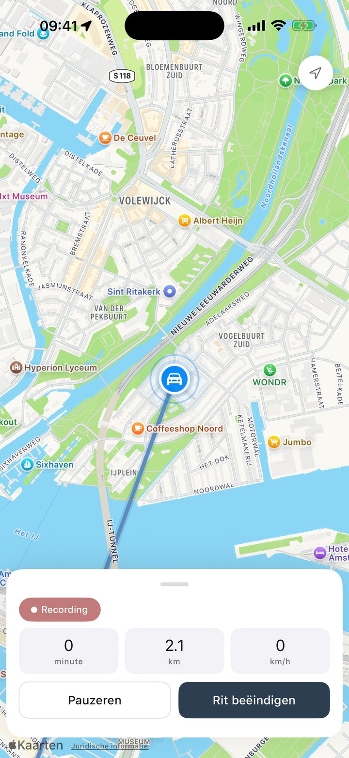 Mile Tracker registreert een rit live op de kaart: afstand, tijd en snelheid met de knoppen Pauzeren en Rit beëindigen